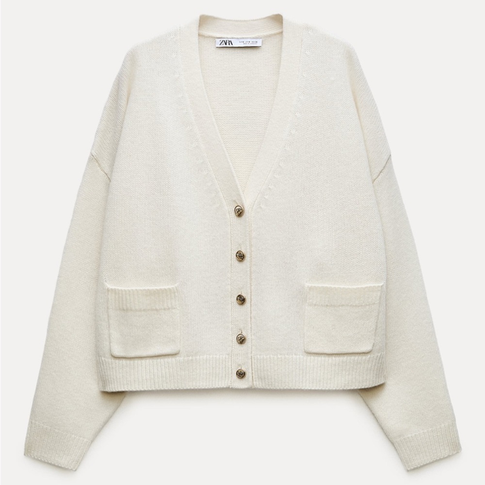 Zara Cream Button-Up Cardigan, 100% wool, size M